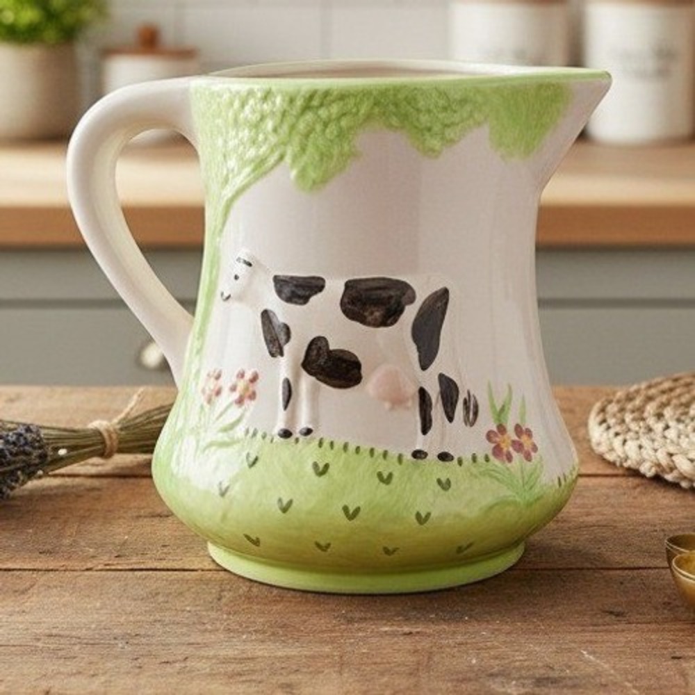 Grazing Cow Ceramic Pitcher, Vintage Hand Painted Farmhouse Jug, Signed Pottery